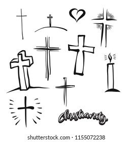 Set of hand-drawn Christianity symbols. Various religious historical symbols painted by hand. Vector drawing. 