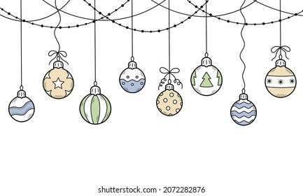 Handgezeichnete Weihnachtsbälle. Frische Weihnachtsbäume im Dodle-Stil mit Farbtupfern. Elemente zur Dekoration für Weihnachten und Neujahr. Einzige Vektorgrafik.