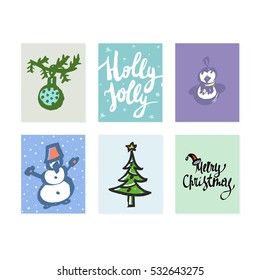 Set of hand-drawn Christmas card templates. New Year present tags made in vector.