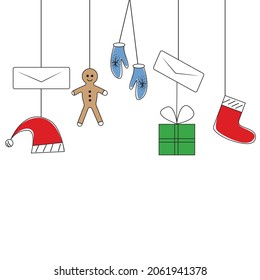 set of hand-drawn Christmas elements in the doodle style for conceptual design. vector illustration isolated on a white background with colored spots. Envelopes, letters, Santa hat and sock, gift box