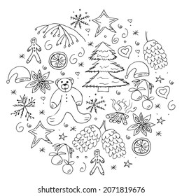 set of hand-drawn Christmas elements in the style of doodles for conceptual design. vector illustration isolated on a white background.Christmas holidays, gifts, decorations, snowflake, bear,tangerine