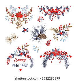 Set of hand-drawn Christmas floral decorative elements. Handmade, isolate on a white background. Vector