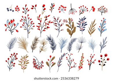 Set of hand-drawn Christmas floral decorative elements. Handmade, isolate on a white background. Vector