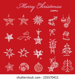 Set of hand-drawn christmas icon elements on red background