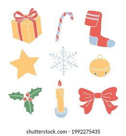 Set of hand-drawn Christmas illustrations: gift, candy cane, stocking, star, snowflake, jingle bell, holly, candle, and bow