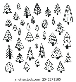 A set of hand-drawn christmas and new year trees