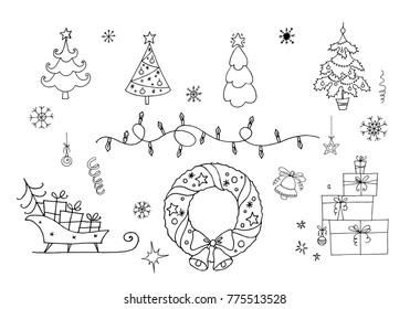 Set of handdrawn Christmas and New Year decoration elements. Christmas trees, garland, gift boxes, toys, snowflakes, wreath, stars, bell. Vector illustration for your design.
