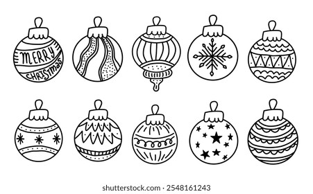 Conjunto de adornos de Navidades dibujadas a mano en blanco y negro. Navidades ornamentos con patrones únicos y motivos de vacaciones. Listo para colorear páginas, manualidades de bricolaje, tarjetas. Ilustración vectorial en estilo doodle.