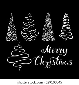 Set of hand-drawn Christmas tree, abstract stylized fir-tree, lettering Merry Christmas, holiday design element, EPS 8