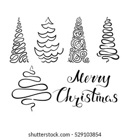 Set of hand-drawn Christmas tree, abstract stylized fir-tree, lettering Merry Christmas, holiday design element, EPS 8