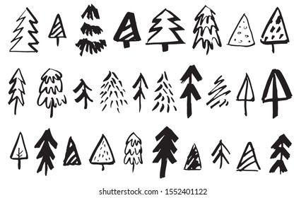 Handgezeichneter Weihnachtsbaum. Schwarzer Marker oder Pinselstrich mit Kiefer und Tanne. 