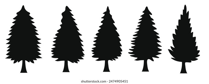A set of hand-drawn Christmas tree illustrations, featuring various pine tree silhouettes. Perfect for festive designs and holiday decorations.