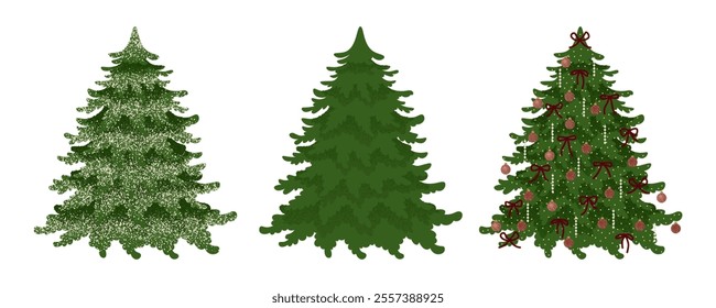 Set of Hand-Drawn Christmas tree with snow, without, and decorated Christmas Tree. Vector illustration in flat style.