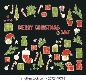 Set of hand-drawn Christmas tree stickers. Collection of Christmas trees, gnomes, gifts, stars, balls, socks and ornaments. Vector illustration.