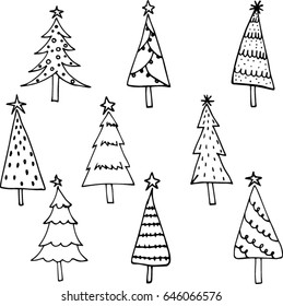 Set of hand-drawn Christmas trees. Black and white. Doodle. Sketch.