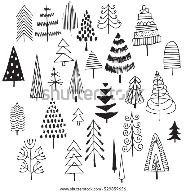 Immagini Albero Di Natale Bianco E Nero.Immagine Vettoriale Stock 529859656 A Tema Set Di Alberi Di Natale Disegnati Royalty Free