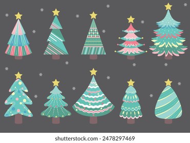 Conjunto de árboles de Navidad dibujados a mano y Ilustración vectorial de abetos sobre un fondo negro. Perfecto para tarjetas de Navidad, papel de embalaje, impresión de tela, textiles para el hogar, folletos, carteles y Anuncio.