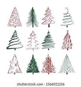 Set of hand-drawn Christmas trees. Minimalistic doodles for Merry Christmas and Happy New Year 2020.