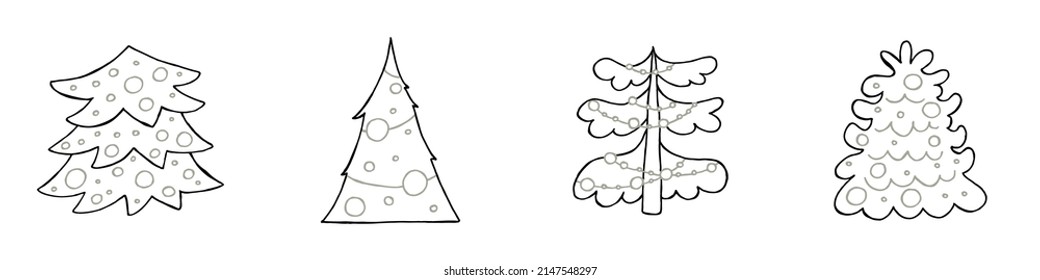 A set of hand-drawn christmas trees. Vector illustration in doodle style. Winter mood. Hello 2023. Merry Christmas and Happy New Year. Black and gray elements on a white background.