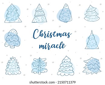A set of hand-drawn christmas trees. Vector illustration in doodle style. Winter mood. Hello 2023. Merry Christmas and Happy New Year. Blue elements with a gray snowflakes on a blue background.