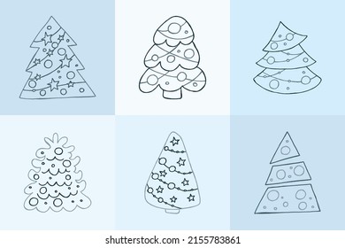 A set of hand-drawn christmas trees. Vector illustration in doodle style. Winter mood. Hello 2023. Merry Christmas and Happy New Year. Gray elements on a blue background.