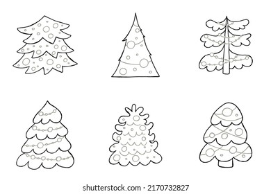 A set of hand-drawn christmas trees. Vector illustration in doodle style. Winter mood. Hello 2023. Merry Christmas and Happy New Year. Black and gray elements on a white background.