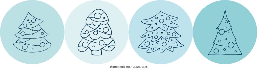 A set of hand-drawn christmas trees. Vector illustration in doodle style. Winter mood. Hello 2023. Merry Christmas and Happy New Year. Blue elements on a blue background.