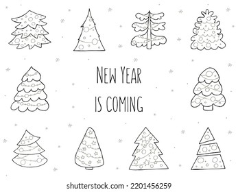 A set of hand-drawn christmas trees. Vector illustration in doodle style. Winter mood. Hello 2023. Merry Christmas and Happy New Year. Black and gray elements with a snowflakes on a white background.