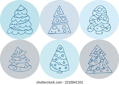 A set of hand-drawn christmas trees. Vector illustration in doodle style. Winter mood. Hello 2023. Merry Christmas and Happy New Year. Blue elements on a blue background.