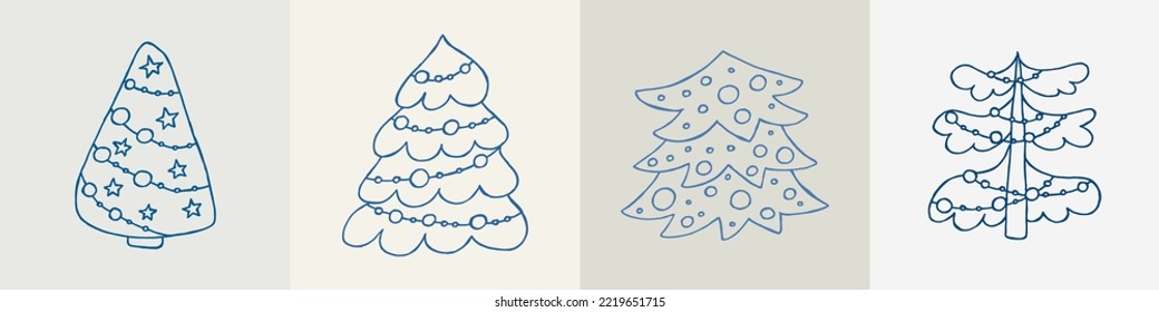 Un conjunto de árboles de navidad dibujados a mano. Ilustración vectorial en estilo doodle. Ánimo de invierno. Hola 2023. Feliz Navidad y Feliz Año Nuevo. Elementos azules sobre un fondo gris.