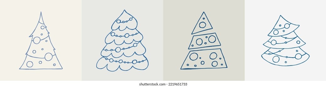 A set of hand-drawn christmas trees. Vector illustration in doodle style. Winter mood. Hello 2023. Merry Christmas and Happy New Year. Blue elements on a gray background.