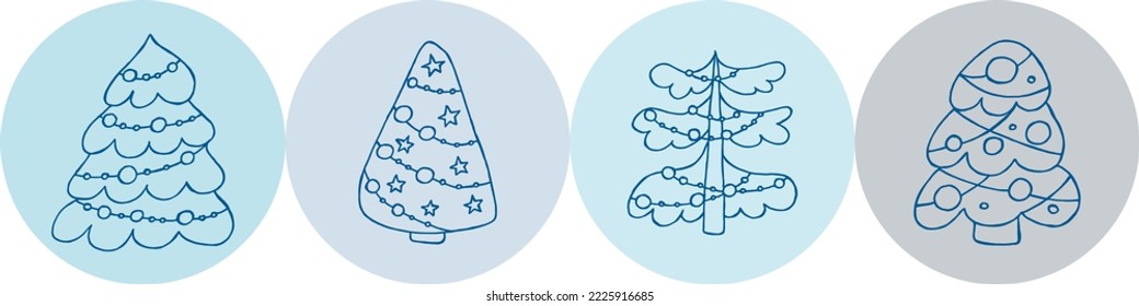 A set of hand-drawn christmas trees. Vector illustration in doodle style. Winter mood. Hello 2023. Merry Christmas and Happy New Year. Blue elements on a blue background.