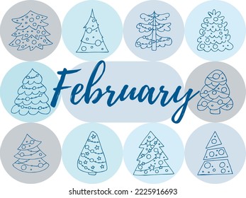 A set of hand-drawn christmas trees. Vector illustration in doodle style. Winter mood. Hello 2023. Merry Christmas and Happy New Year. Blue elements on a blue background.
