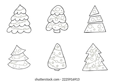A set of hand-drawn christmas trees. Vector illustration in doodle style. Winter mood. Hello 2023. Merry Christmas and Happy New Year. Black and gray elements on a white background.