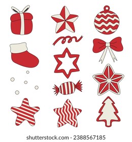 A set of Hand-drawn Christmas Vector elements in red, and cream color. include stars, socks, candy, a bow, a xmas tree, a gift box, an ornament ball, and ribbons in a minimal concept.
