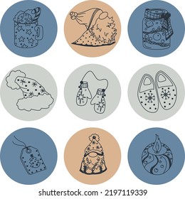 Set of hand-drawn christmas and winter doodle elements in vector. Festive collection isolated on white background. Design for icons, buttons, holidays. Gifts, trees, wreaths, presents, gingerbread.
