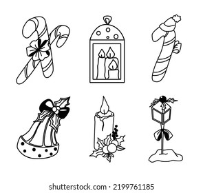 Set of hand-drawn christmas and winter doodle elements in vector. Festive collection isolated on white background. Design for icons, buttons, holidays. Gifts, trees, wreaths, presents, gingerbread.
