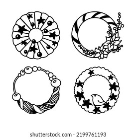 Set of hand-drawn christmas and winter doodle elements in vector. Festive collection isolated on white background. Design for icons, buttons, holidays. Gifts, trees, wreaths, presents, gingerbread.