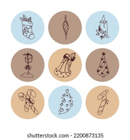 Set of hand-drawn christmas and winter doodle elements in vector. Festive collection isolated on white background. Design for icons, buttons, holidays. Gifts, trees, wreaths, presents, gingerbread.