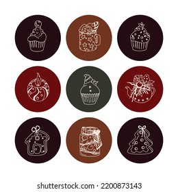 Set of hand-drawn christmas and winter doodle elements in vector. Festive collection isolated on white background. Design for icons, buttons, holidays. Gifts, trees, wreaths, presents, gingerbread.