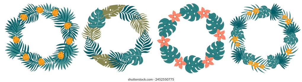 Set of handdrawn circle summer borders. Vector wreath with palm leaves, tropical flowers, pineapples.