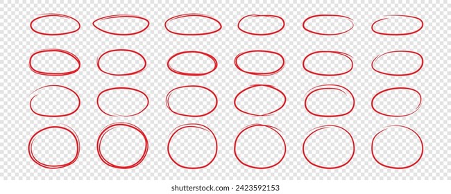 A set of hand-drawn circles.  Circle scribbles for passing a note. Circular logo design elements. Graffiti bubble vector illustration drawn in red pencil or pen .