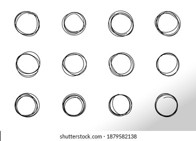 Set of hand-drawn circles. Collection of sketchy round forms, original bubbles.  Freehand Drawing. Simple art line design elements. Isolated on white. Vector illustration