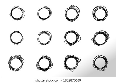 Set of hand-drawn circles. Collection of sketchy round forms, original bubbles.  Freehand Drawing. Simple art line design elements. Isolated on white. Vector illustration