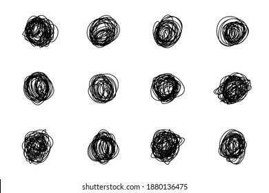 Set of hand-drawn circles in grunge style. Collection of sketchy round forms, original bubbles.  Freehand Drawing. Simple art line design elements. Isolated on white. Vector illustration