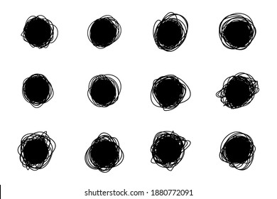 Set of hand-drawn circles in grunge style. Collection of sketchy round forms, original bubbles.  Freehand Drawing. Simple art line design elements. Isolated on white. Vector illustration