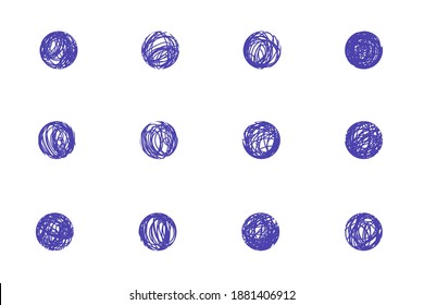 Set of hand-drawn circles in grunge style. Collection of sketchy round forms, original bubbles.  Freehand Drawing. Simple art line design elements. Isolated on white. Vector illustration