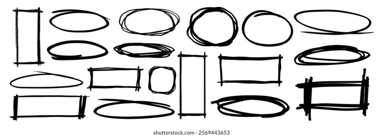 Set of hand-drawn circles and rectangles. Sketchy circles and rectangles in various styles. Doodle circles and rectangles for creative designs. Hand drawn doodle frames, vector set.