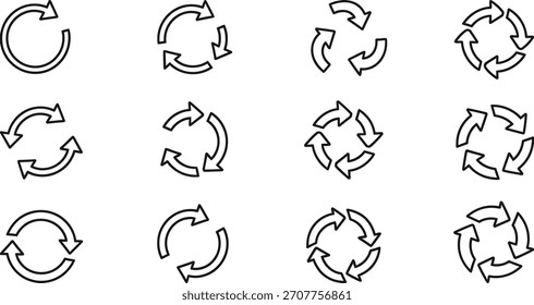 Set of hand-drawn circular arrow icons. Recycling symbol variations. Sketch style, vector illustration on white background. Represents reuse, rotation, and process.