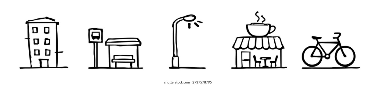 Set of hand-drawn city icons including a building, bus stop, street lamp, cafe, and bicycle. Simple urban doodle vector illustration.